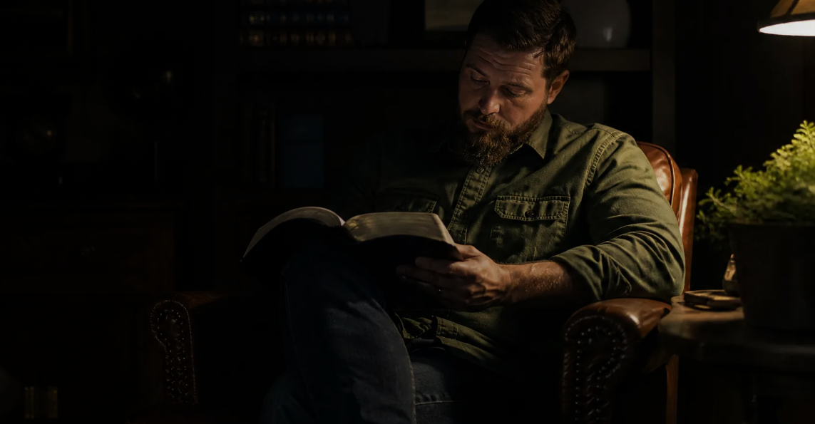 Man reading a worn Bible by lamplight